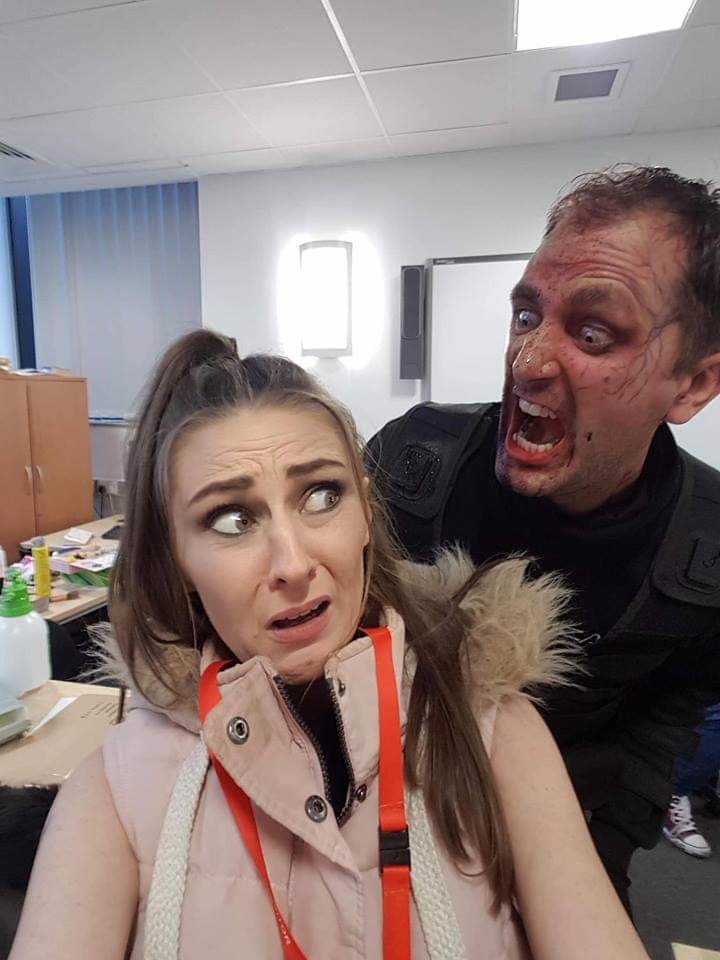 actor "Nathan Head" and makeup artist "Terri Langley" on the set of "The Rage 2"